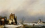 Jan Jacob Coenraad Spohler Famous Paintings - A Winter Landscape with Skaters near a Village